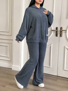 Mulvari 2pcs Plus Size Casual Solid Color Hoodie And Pants Set, Autumn 2 Pieces Set - Blue - View 3