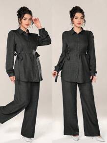 Graceveil 2 件套女士纯色前扣长袖简约上衣和长裤 2 件套女士适度秋季服装 - 灰色 - 查看 1