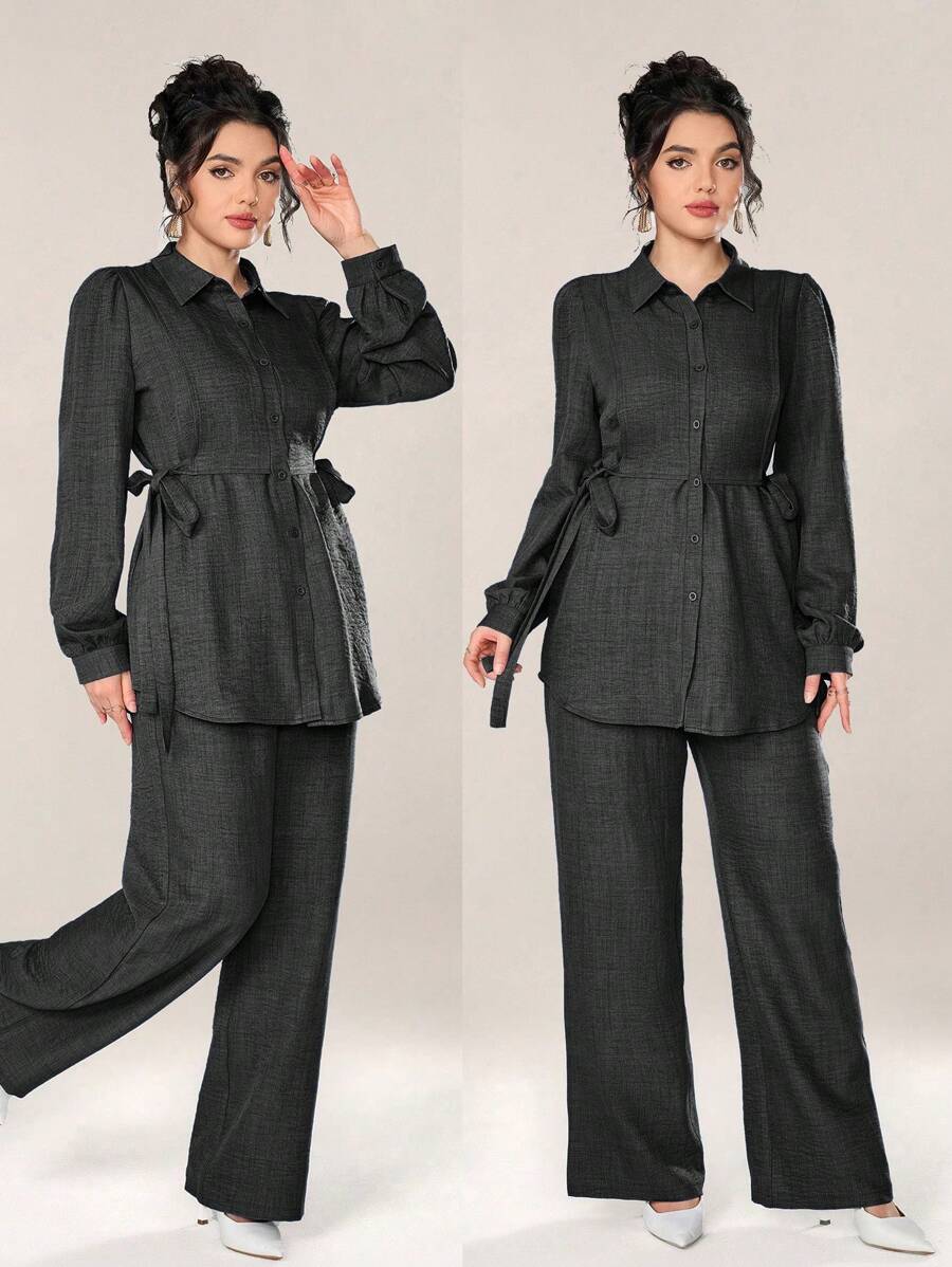 Graceveil 2 件套女士纯色前扣长袖简约上衣和长裤 2 件套女士适度秋季服装 - 灰色 - 查看 1