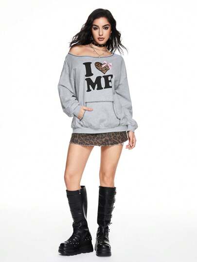 Grunge Punk Women Oblique Shoulder Retro Heart & Leopard Print, Fluffy Letter Graphic Bow Loose Sweatshirt, Cotton Blend