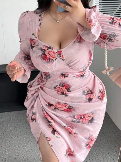 Flirla Vestido vintage elegante y romántico de talla grande para mujer con cuello en forma de corazón plisado, manga larga, estampado floral y bajo con abertura, vestido maxi rosa para mujer