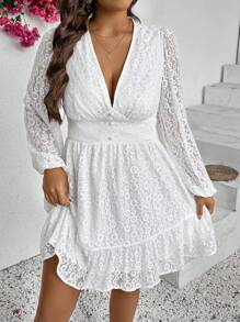 SHEIN VCAY Plus Size Vacation Sexy Lace Fabric Sheer Sleeve Design Elegant Romantic Short Dress
