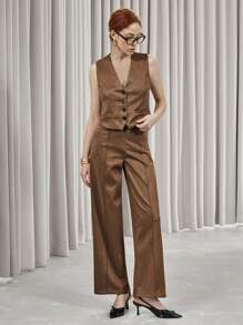SHEIN Privé 2pcs Women Autumn Solid Color Faux Suede Vest Jacket And Pants Casual Suit - Brown - View 5