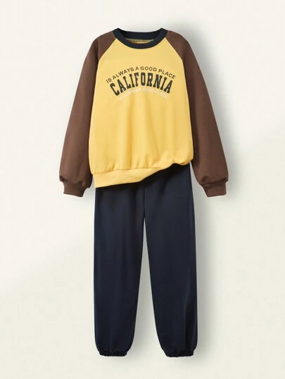SHEIN Explorewe Conjunto de 2 piezas informal y a la moda para niños preadolescentes con sudadera y pantalón de chándal de color contrastante, adecuado para la escuela y el uso diario