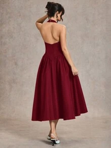 SHEIN BAE 优雅女士长裙，适合日常约会和外出，秋夏喇叭裙 - 酒紅色 - 查看 2