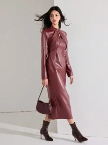 Heiryn 女士时尚纯色勃艮第红色皮革短款夹克搭配长裙 2 件套，秋冬 2 件套