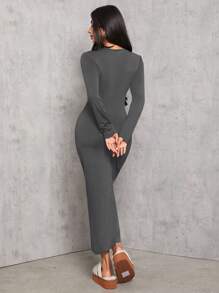 SHEIN PETITE 纯色褶皱腰黑色长袖连衣裙 - 灰色 - 查看 2