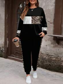 SHEIN LUNE Set de 2 piezas Outfit casual minimalista con estampado de leopardo para talla grande, otoño/invierno