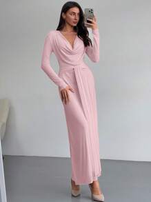 Aloruh Deep Draped Neck Long Sleeve Tight-Fitting Mesh Lace Dress, Apricot, Romantic For Date & Outing,Summer Dresses For Women,Pastel Dresses For Women