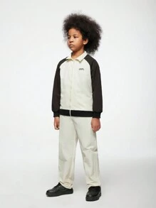 SHEIN 2pcs/Set Minimalist Half Turtleneck Raglan Sleeve Loose Streetwear Jacket With Letter Graphic & Contrast Color Panel, Comfortable Zip-Up Shirt + Straight Leg Loose Fit Pants Suitable For Skateboarding And Casual Daily Wear, Spring & Autumn