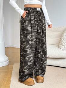 SHEIN EZwear Camouflagepatroon Hoge taille Rechte pijp Plus Size Broek