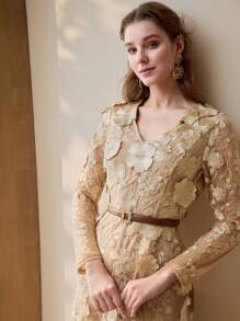 MOTF PREMIUM FLORAL EMBROIDERY A LINE DRESS - Apricot - View 4