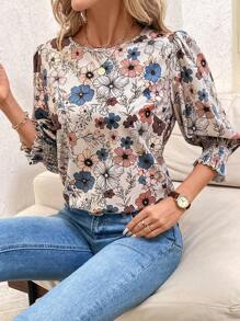 SHEIN Clasi 女士花卉印花圆领长袖简约衬衫 - 彩色 - 查看 4