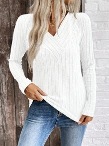 EMERY ROSE LUNE跨境电商秋冬新品V领天鹅绒罗纹女士毛衣 - 白色 - 查看 6