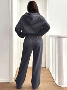 SHEIN EZwear 2 件套女士休闲保暖连帽衫和裤子套装，深灰色，适合秋冬季 - 深灰色 - 查看 2