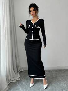Selianne Women's Elegant 2 Pieces Set: Color Block V-Neck Long Sleeve Single-Breasted Top And Long Midi Skirt Fall Cloth For Women - Black and White - View 7