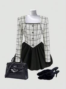 Sweetra Conjunto de 2 piezas con vestido tubo de diseño abotonado con dobladillo de peplum y bolero de manga larga elegante estilo Y2K para mujer