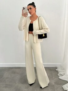 EURMUSE All White Zipper Cardigan And Pant Knit Set - White - View 1