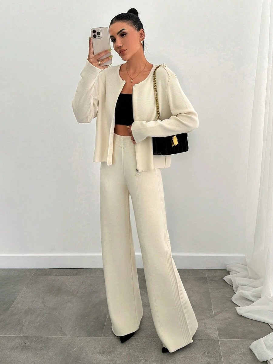 EURMUSE All White Zipper Cardigan And Pant Knit Set - White - View 1