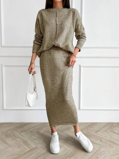SHEIN Sweater And Midi Skirt With Front Seam Detail