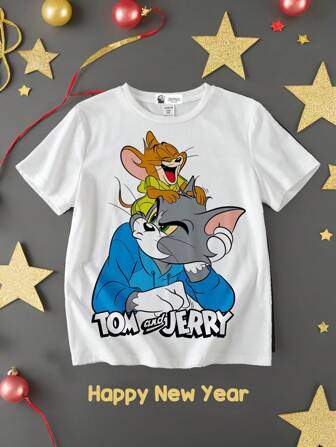TOM & JERRY X SHEIN Tween Jungen Casual Grafik Kurzarm Cartoon Muster 2025 Neujahr T-Shirt für den Sommer
