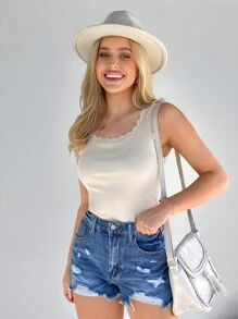 SHEIN LUNE Women's Summer Fashionable Casual Beige Shell Trim Slim Fit Camisole - Apricot - View 1