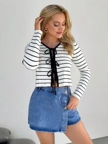 SHEIN LUNE Women's Casual Black & White Striped Bow Front Knot Cardigan - Black and White - View 1