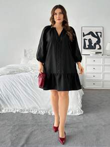 SHEIN Privé Plus Size V-Neck Shirt Style Short Loose A-Line Ruffle Hem Long Sleeve Casual Spring Autumn Dress, Women's Linen Black Midi Dress - Black - View 6