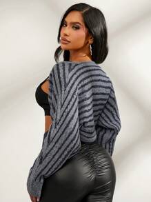 SHEIN SXY Women's Casual Open Front Striped Batwing Long Sleeve Shrug, Autumn - Grey - View 2