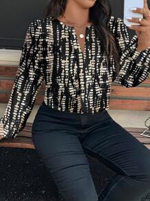 SHEIN Clasi 大码动物印花宽松 V 领长袖衬衫，适合秋冬季