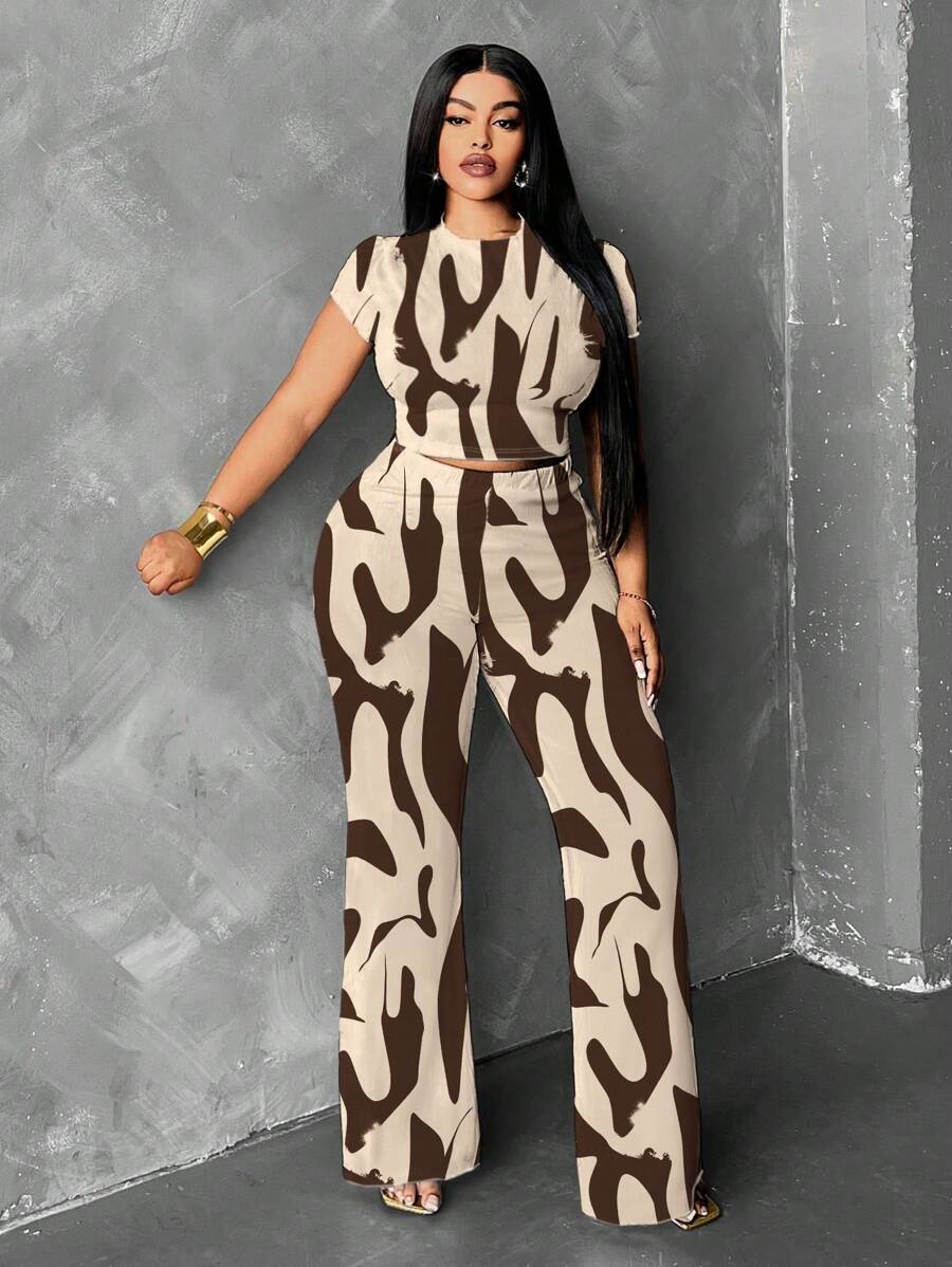 Maweii Bộ 2 món áo thun thường ngày in họa tiết cổ tròn tay ngắn cỡ lớn và quần dài - Màu Khaki - Xem 1