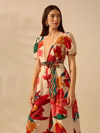 CAJUNI Women's Boho Colorful Tropical Floral Print Deep V-Neck Puff Sleeve Tie Waist Wide Leg Jumpsuit, Vacation Casual Summer Jumpsuit