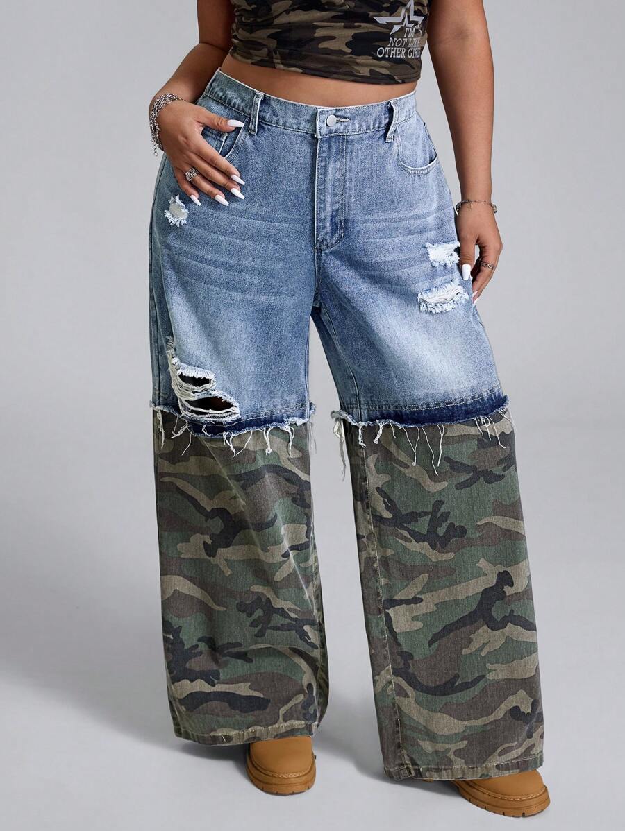 SHEIN ICON 大码拼布美式迷彩工装牛仔裤