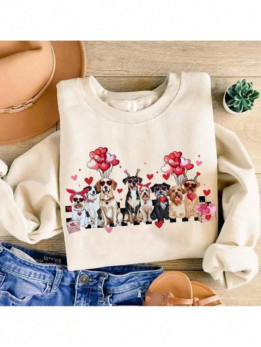 INAWLY Valentines Day Cute Dog & Heart Print Fleece Crew Neck Sweatshirt - Apricot - View 1
