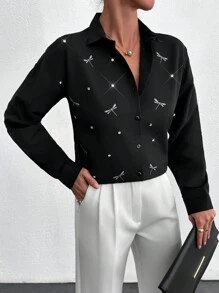 RueChic Dragonfly Pattern Stone Detailed Black Blouse - Black - View 2