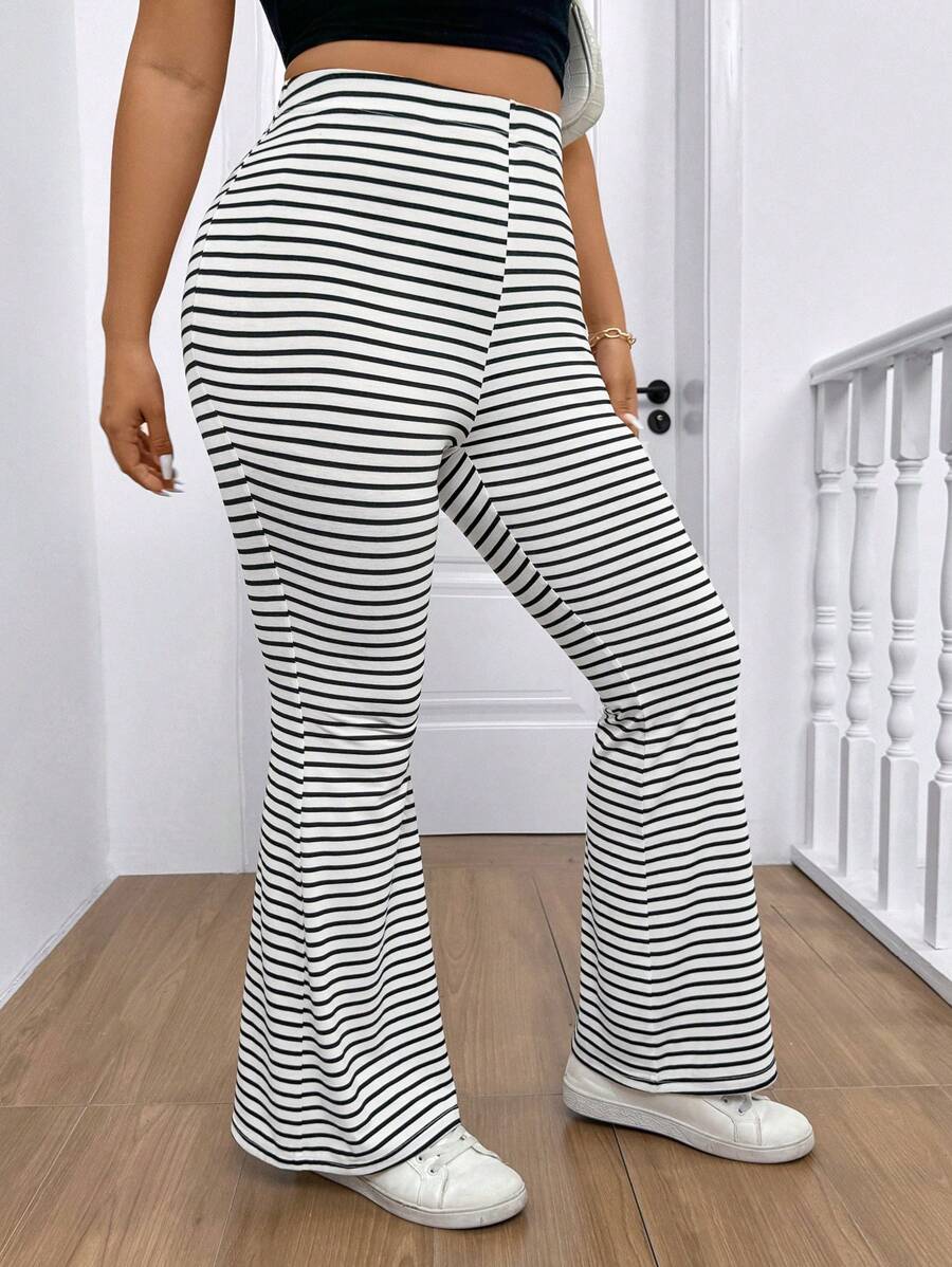 SHEIN LUNE 大码女式高腰条纹喇叭裤休闲裤度假新年女装冬季新年女装