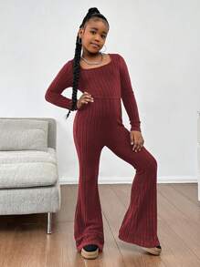 SHEIN 青少年女孩休闲纯色长袖合身连衣裤 - 酒紅色 - 查看 1