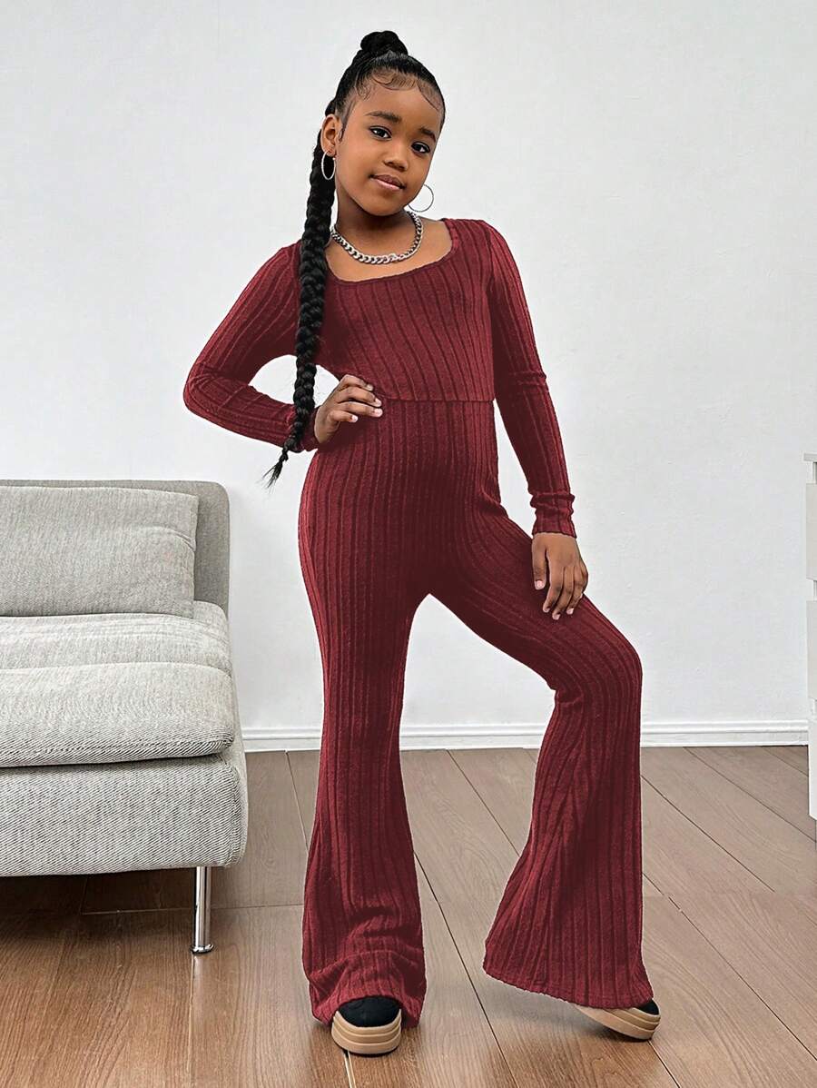 SHEIN 青少年女孩休闲纯色长袖合身连衣裤 - 酒紅色 - 查看 1