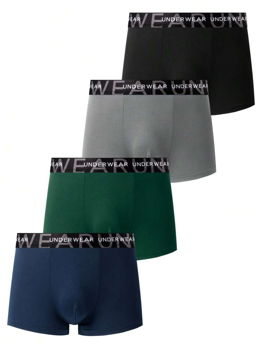 4pcs/Pack Men's Solid Color Letter Band Waist Boxer Briefs - Multicolor - View 1