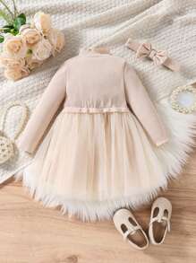 Baby Girl Elegant Adorable Simple Fashion Versatile Comfortable Soft Knit Contrast Mesh, Ruffle Collar Bow Decor Solid Color Apricot Long Sleeve Dress, Suitable For Autumn/Winter/Spring Casual Wear, Outdoor Play, Birthday Party