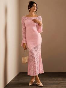 SHEIN Glamour Đầm Maxi Ren Tay Dài Đơn Giản Ôm Vừa Thanh Lịch Cho Nữ, Trang Phục Nữ, Đầm Ren - Hồng - Xem 3