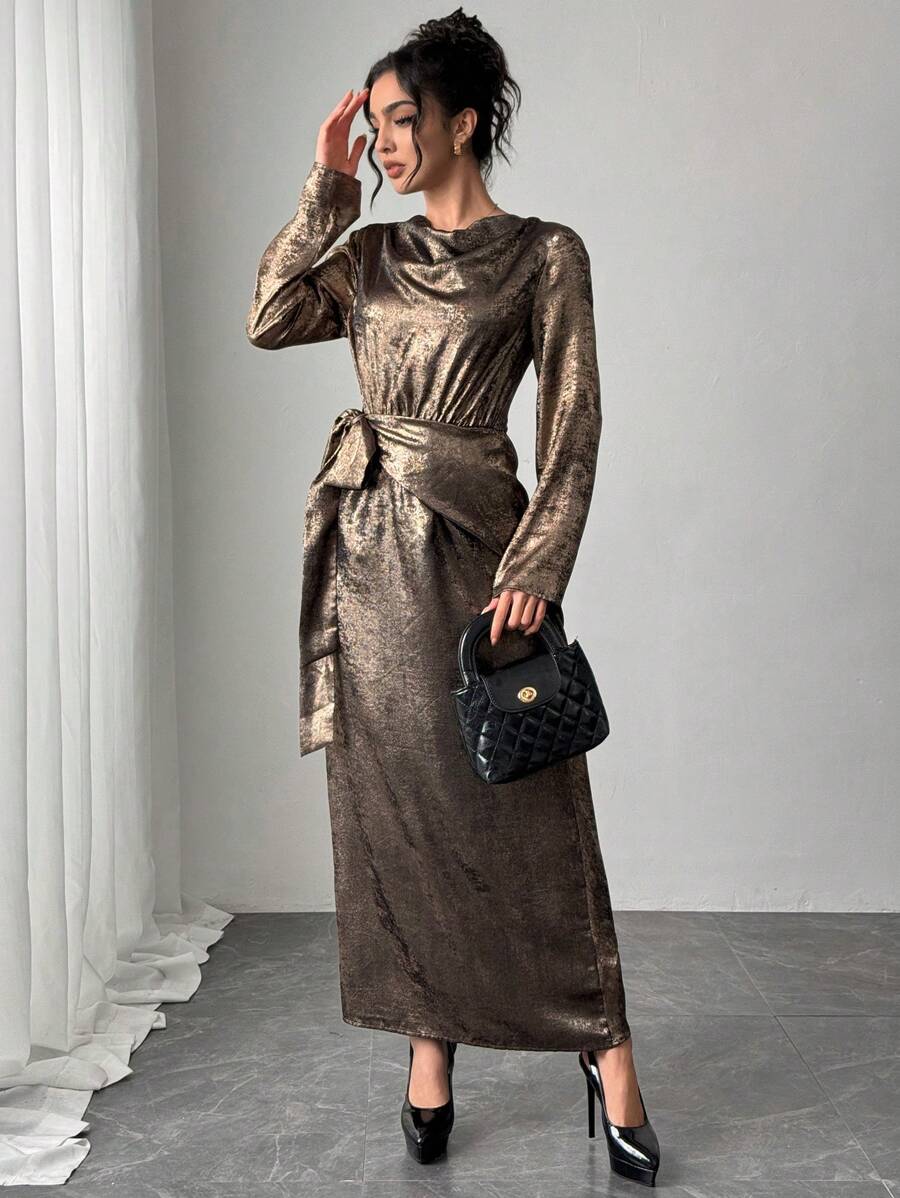 Modelyn Váy Maxi Abaya dài tay buộc dây thường ngày cho nữ, Đầm dạ hội dài phong cách tối giản - Vàng - Xem 1