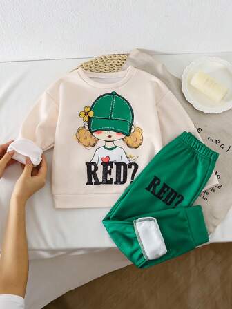 Genkimix Kids 年轻女孩休闲两件套长袖字母和卡通印花运动衫和裤子，秋冬