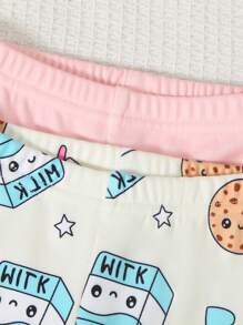 SHEIN 4pcs Baby Girl Cozy Home Outfit Set: Long Sleeve T-Shirt, Leggings With Delicious Drink, Sweet Food Print, Casual & Comfortable