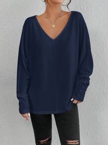 SHEIN Frenchy Áo thun tay cánh dơi cổ chữ V màu trơn, thường ngày mùa thu - Màu xanh hải quân - Xem 5