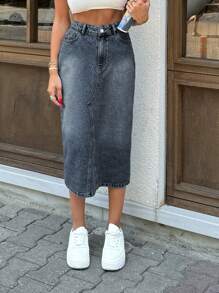 EURMUSE HIGH RISE MIDI LENGHT SLIT DETAIL GREY WOMEN DENIM SKIRT - Grey - View 4