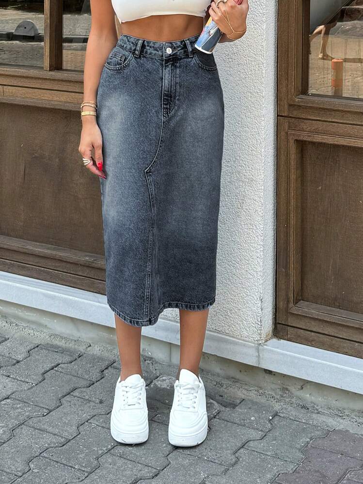 EURMUSE HIGH RISE MIDI LENGHT SLIT DETAIL GREY WOMEN DENIM SKIRT