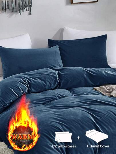 2/3 件装海军蓝纯色加厚水晶天鹅绒/牛奶天鹅绒保暖羽绒被套，单人床/双人床/大号床/特大号床