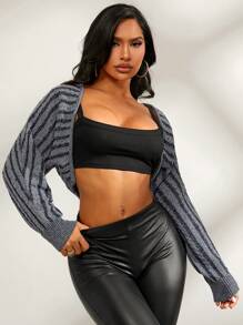 SHEIN SXY Women's Casual Open Front Striped Batwing Long Sleeve Shrug, Autumn - Grey - View 5