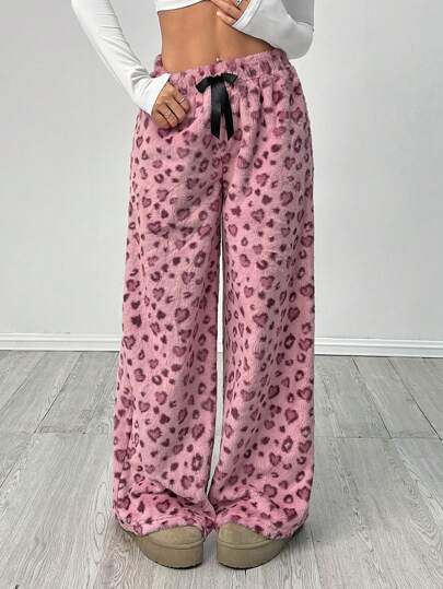 SHEIN PETITE 女士系腰蓬松粉色豹纹休闲宽腿宽松裤